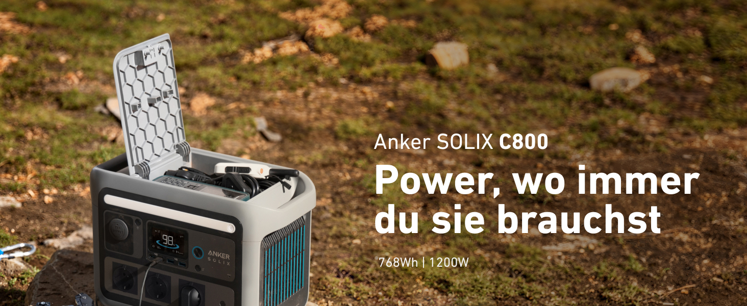 Портативна електростанція Anker SOLIX C800, сонячний генератор 1200 Вт (пікова потужність 1600 Вт), 100 акумулятор за 58 хвилин, батареї LiFePO4 ємністю 768 Втгод для кемпінгу, автофургонів, автофургонів, подорожей, відключення електроенергії (сонячна пан