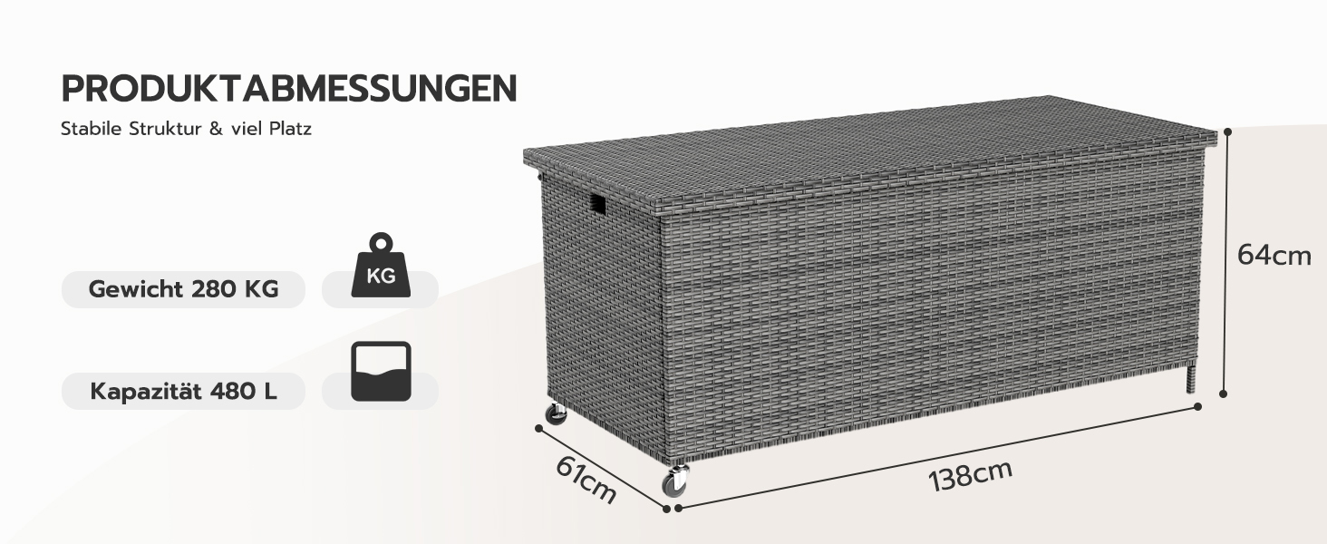 Скриня для подушок садових Polyrattan Amopatio 480л, водонепроникна, з роликами та газліфтом, сіра