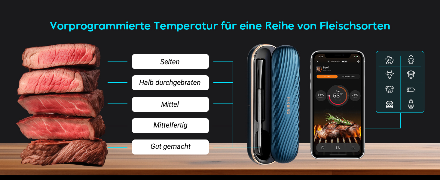 Бездротовий термометр Inkbird для м'яса з Bluetooth, IP67, 91м, для гриля, BBQ, духовки, копчення, ротисерії (INT-11X-B)