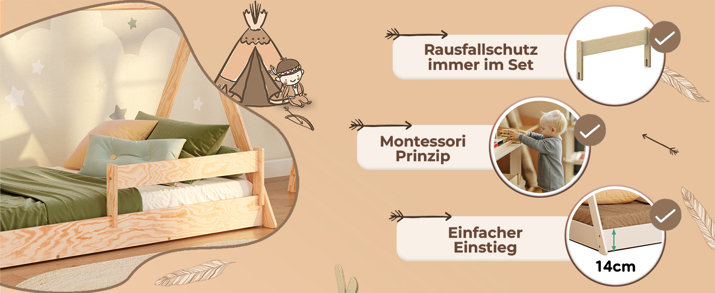 Дерев'яне ліжко-дитячий будиночок Smartwood 90x200 - Монтессорі Tipi F з сосни з сертифікатом FSC, захист від падіння та ламелі до 230 кг для хлопчиків та дівчаток, проста збірка, ліжко на підлозі