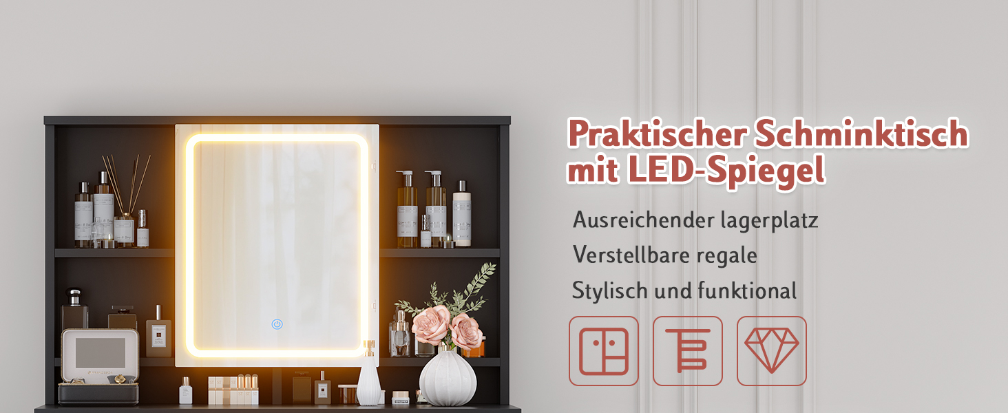 Дзеркальний туалетний столик JUMMICO з LED-підсвічуванням, 2 шухляди, 4 полиці, білий (чорний)