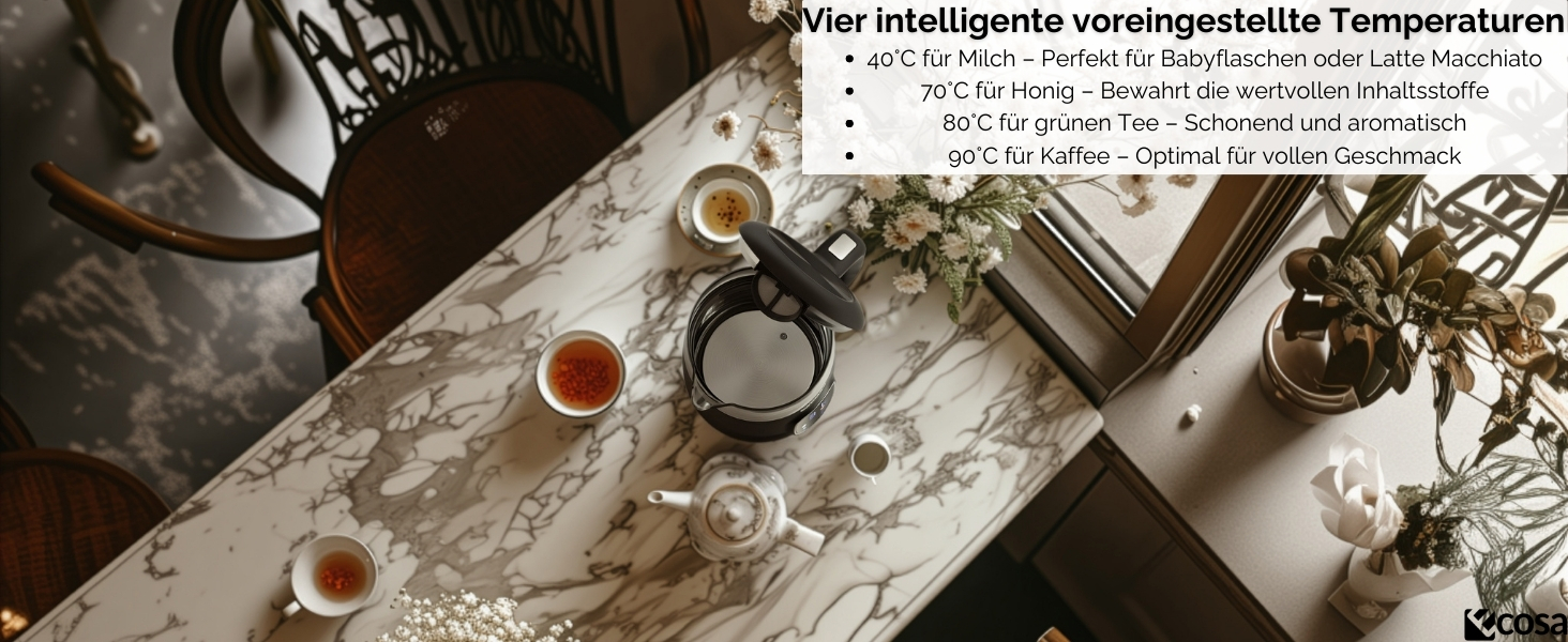 Електричний чайник Ecosa® зі скляною колбою та нержавіючою сталлю, 1,7 л, 2200 Вт, регулювання температури 40°C-100°C, підігрів, LED-підсвічування (Black Pearl)