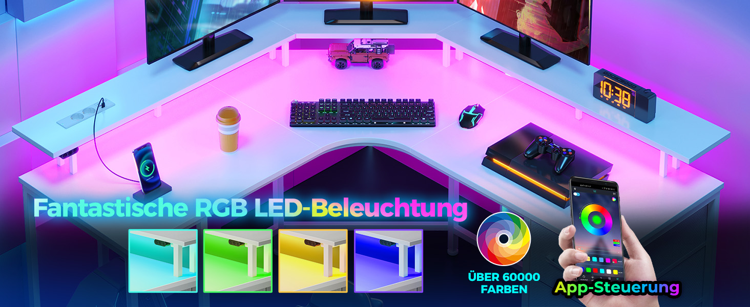 Ігровий кутовий стіл Seventable L-подібної форми з LED підсвіткою, розетками та 3 текстильними висувними ящиками, білий, 135x135x88 см