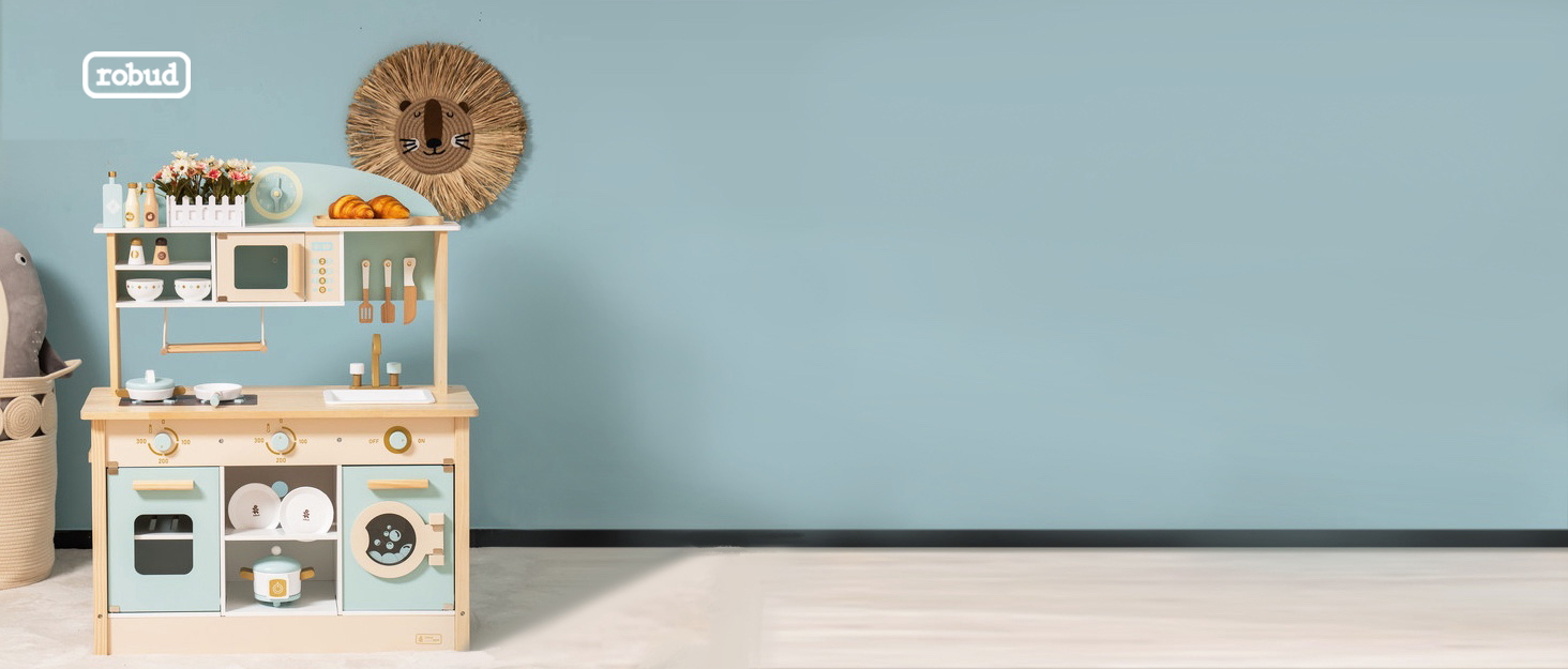 Дерев'яна іграшкова кухня ROBUD для дітей з реалістичним аксесуаром, набір іграшкової кухні з багатьма функціями, сучасний дизайн, подарунок від 3 років (холодильник)