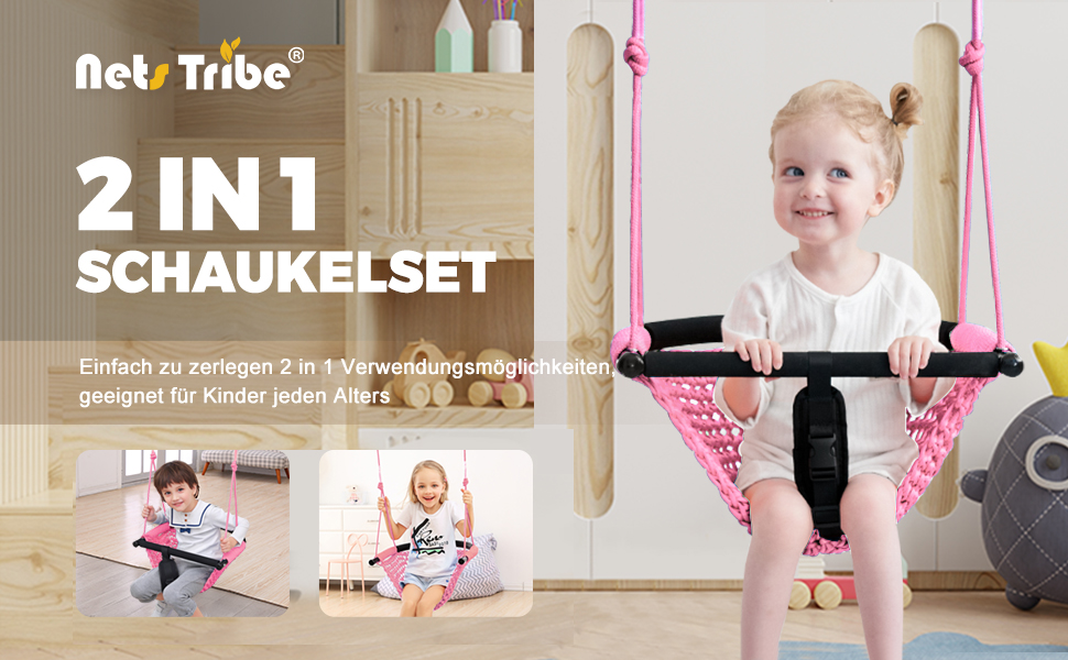 Дитяча гойдалка-трансформер 2-в-1 Nets Tribe для дому та саду (зелений/рожевий)