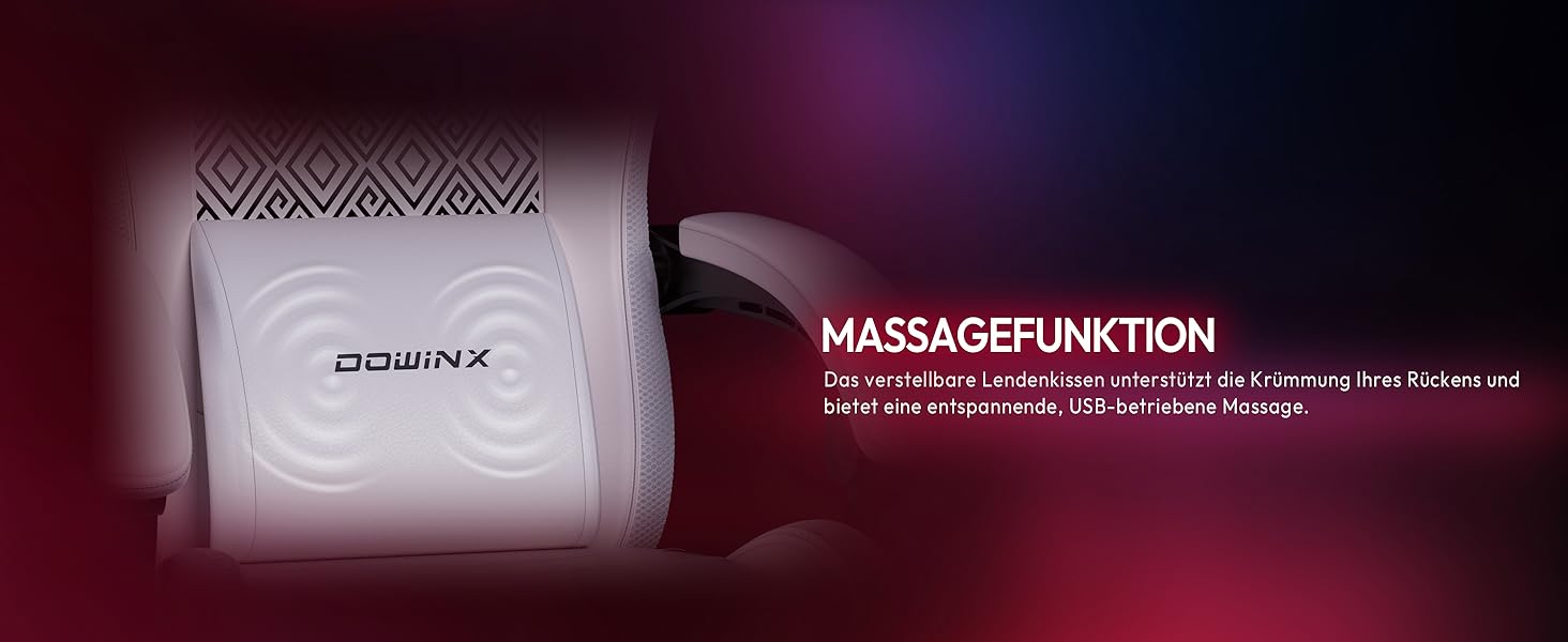 Ігровий крісло Dowinx з RGB підсвічуванням, LED, з підніжкою, для дорослих, ергономічний, з масажем попереку, з PU шкіри, білий