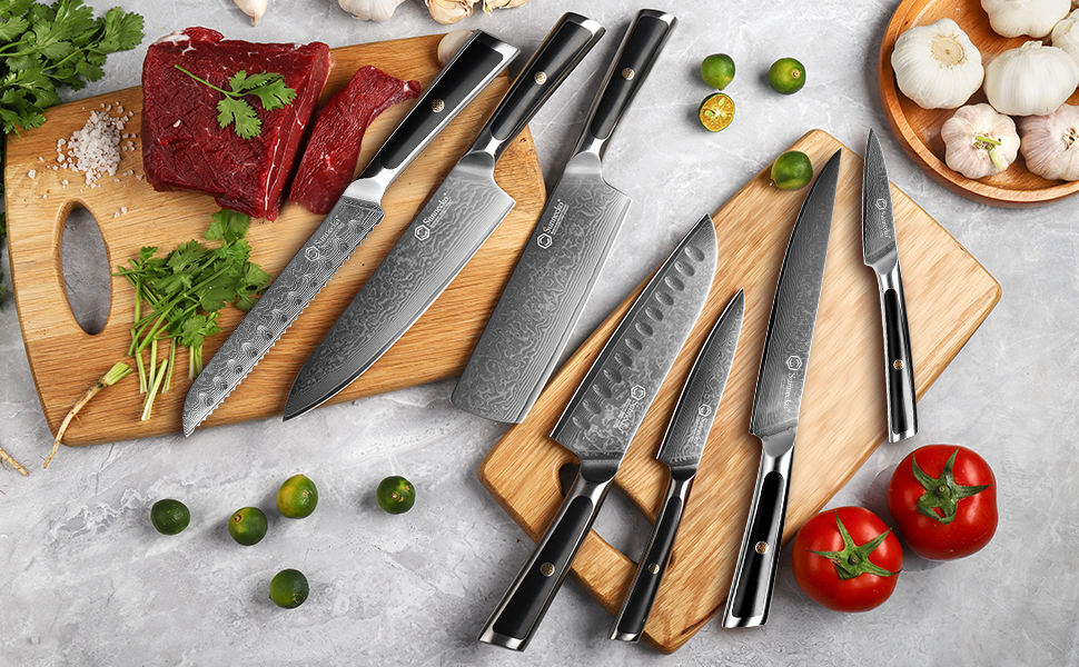 Ніж Sunnecko Дамаск - кухонний ніж з високоякісної сталі Дамаск. Багатофункціональний кухонний ніж для дому та кухні з ергономічною ручкою (8 дюймів, ніж для хліба)