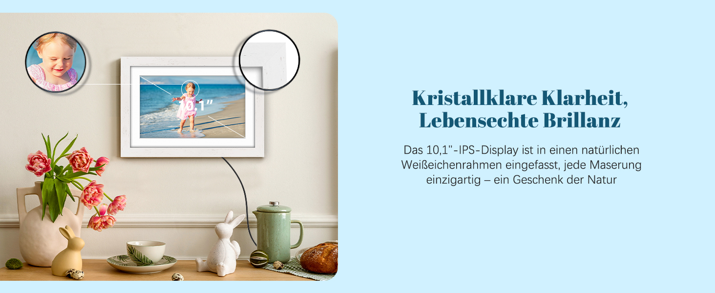 Цифровий фоторамка Eptusmey 10.1 дюймів з Wi-Fi, дуб, 32GB, IPS Touchscreen, відтворення фото/відео через Uhale APP, подарунок для чоловіків та жінок, білий