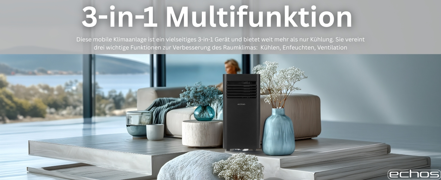 Мобільний кондиціонер Echos 9000 BTU з Wi-Fi, пультом та таймером 24 год – охолодження, осушення, вентиляція