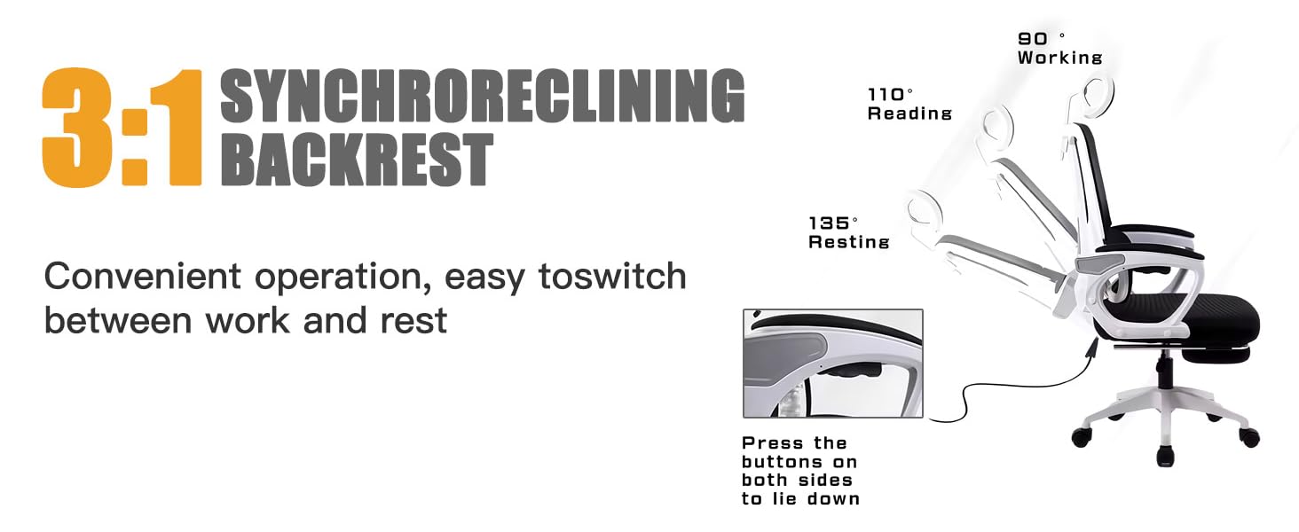 Ергономічне крісло для офісу з високою спинкою та регульованою поперековою підтримкою, дихаючий сітчастий ігровий стілець з широким сидінням, підніжка, стабільне комп'ютерне крісло (Білий)