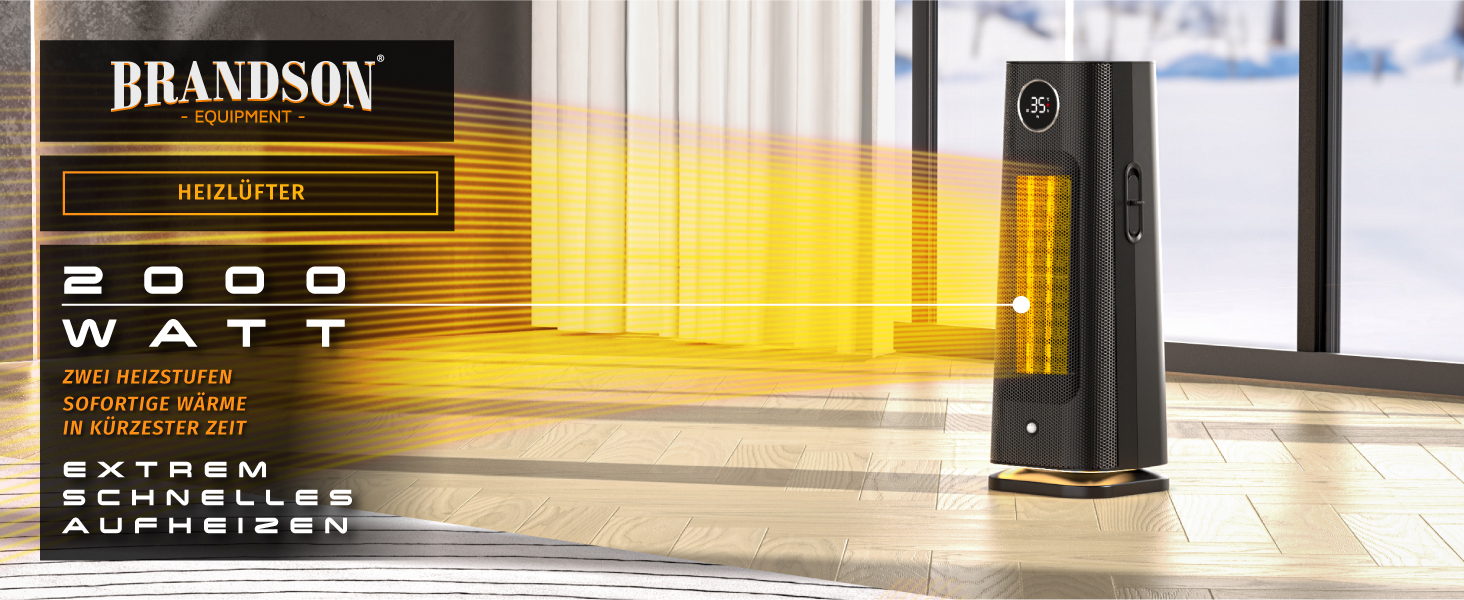 Обігрівач Brandson з пультом керування, 2000 Вт, ECO режим, осциляція, захист від дітей, таймер, LED-підсвічування, для ванної, вітальні, офісу, дитячої кімнати