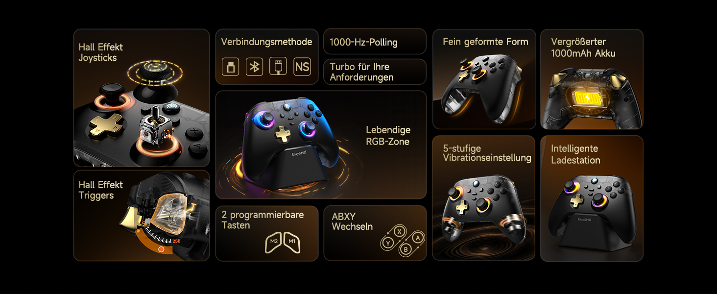 EasySMX D05 PC контролер з док-станцією: бездротовий геймпад з Хол-ефектом для ПК/Switch/Android, чорний та золотий