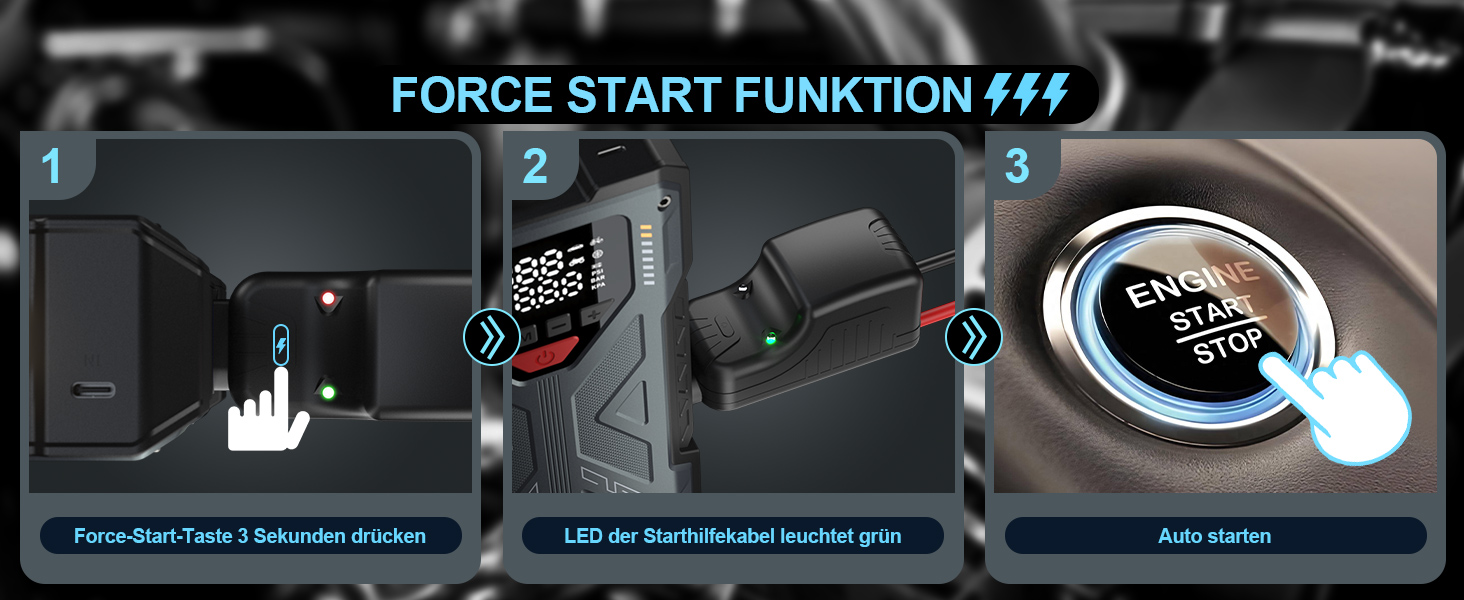 Пусковий пристрій (бустер) для авто Starthilfe 8000A з компресором 150 PSI, Powerbank 12V для бензинових та дизельних двигунів до 10л, LED-дисплей, сірий