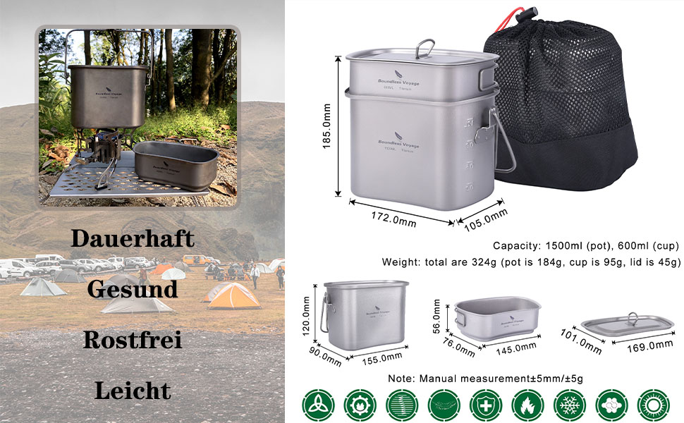 Набір посуду iBasingo Titan Kantine 1500ml/600ml для кемпінгу та відпочинку на природі (Ti2059C)