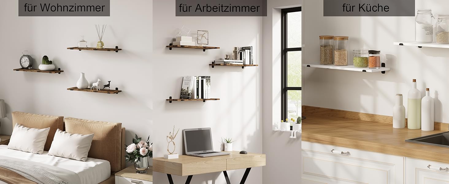 Полиця настінна EUGAD 3 шт., плаваючі полиці 60 см, дерев'яний декор вінтаж, настінні полиці для вітальні, кухні, офісу, ванної, витримує до 15 кг/полиця, коричневий вінтаж