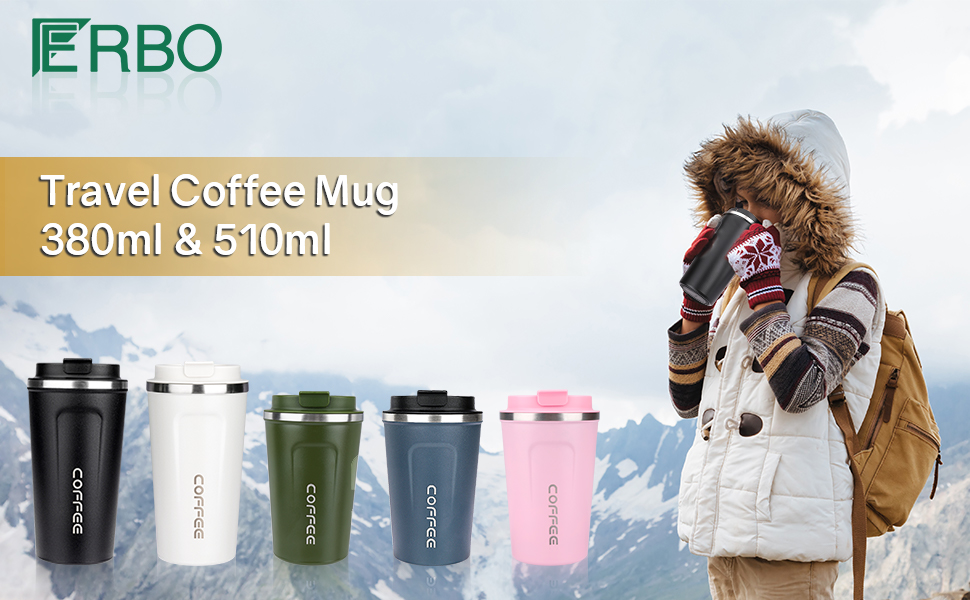 ERBO Термокружка для кави з нержавіючої сталі, 380 мл, 2 шт. (білий + рожевий) + 510 мл (зелений)