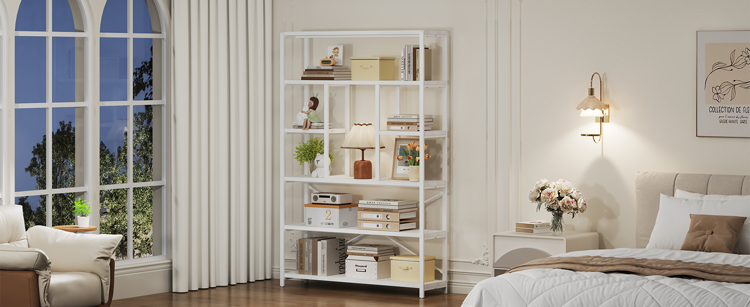Стильна полиця-стелаж LVB з 6 полицями для вітальні, спальні, офісу. Дерево та метал, білий колір, 30 x 120 x 180 см