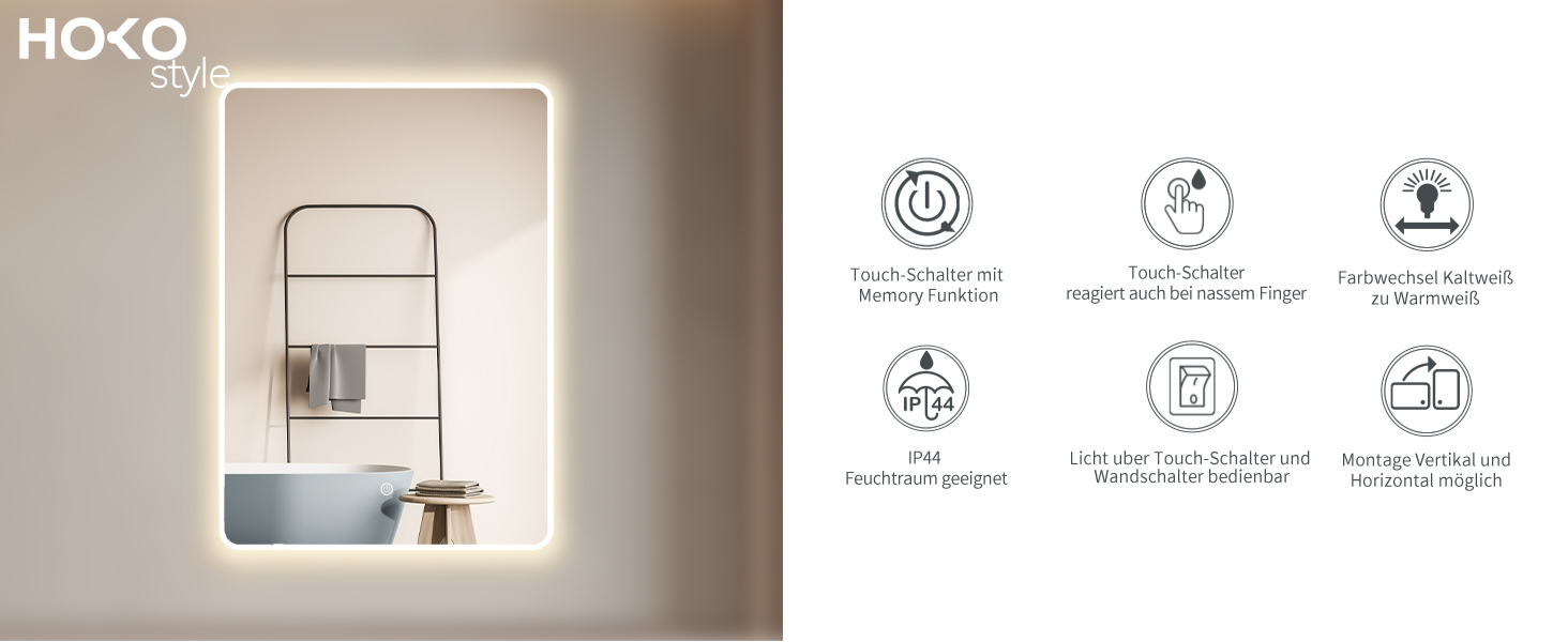 Дзеркало для ванної кімнати HOKO LED Texas 60x80 см з підсвічуванням, підігрівом проти запотівання та чорним металевим каркасом. Можливість монтажу HOCH+QUER. Сенсорне управління, перемикання світла 2700-6500K (тепле, холодне, нейтральне біле світло).