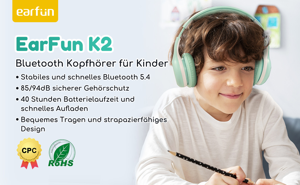 Навушники EarFun Kids Bluetooth, 85/94 дБ, звук HiFi, 40 годин автономної роботи, складні, зелені