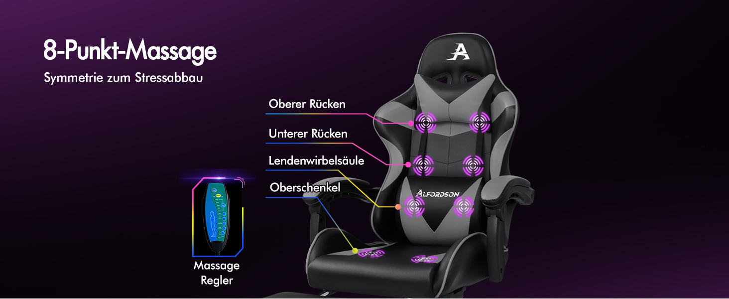 Ігровий крісло ALFORDSON з підніжкою, масажем та регулюванням на 150°, чорний (серія Eryx)