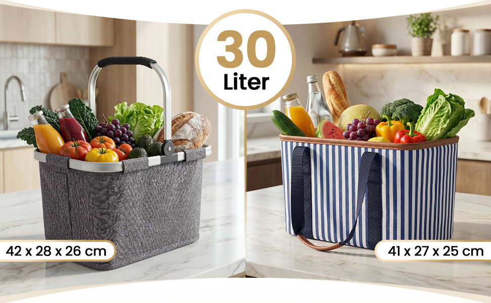Складаний кошик для покупок Selinchen Premium на 30 л з алюмінієвою ручкою, універсальна сумка-шопер та кошик для пікніка, сірий (42x28x27 см)