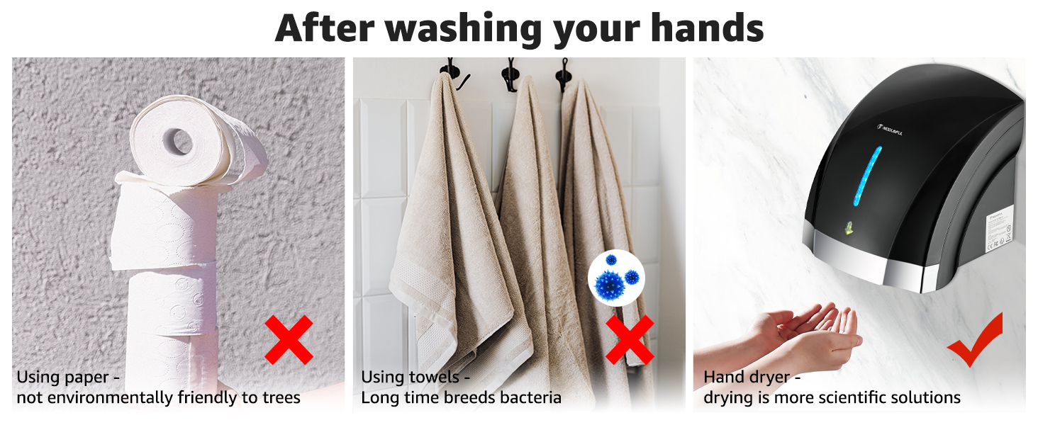 Автоматичний сушар для рук з інфрачервоним сенсором, настінний, 2000W, тихий (40 db), ABS-покриття (чорний)