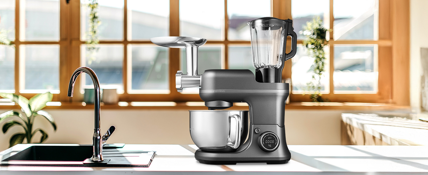 Кухонна машина MEDION Titan: Міксер, м'ясоподрібнювач, 3-в-1, 5 л чаша з нержавіючої сталі, 1200 Вт, натерти, нарізати, цифровий дисплей, 18430