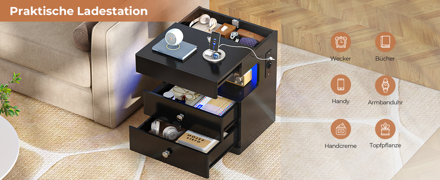 Нічний столик AOGLLATI з прихованим відділенням, розеткою та LED-підсвічуванням, 2 шухляди, висувний ящик, полиця, глянцева поверхня (40x35x59 см, чорний, 2)