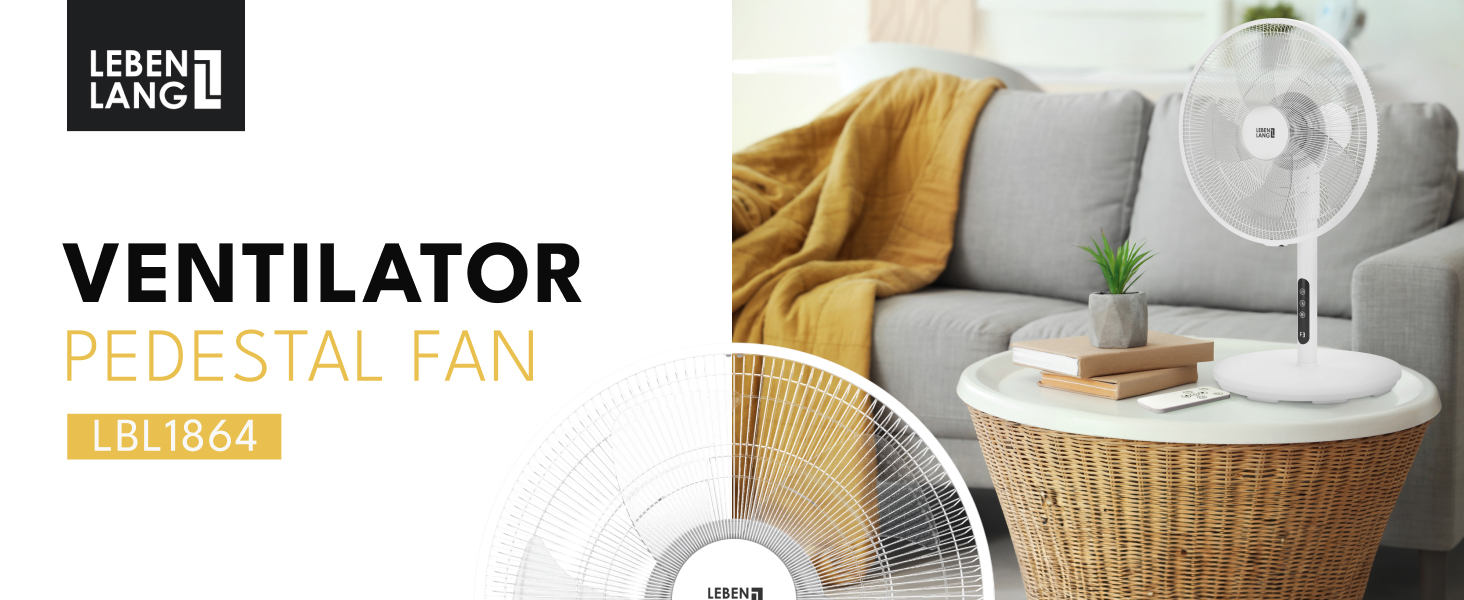Підлоговий вентилятор LEBENLANG з пультом керування, LED-дисплеєм, 5 режимів, енергозбереження, осциляція, тиха робота, таймер, 60W, чорний
