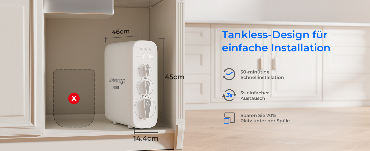 Система фільтрації води зворотного осмосу Waterdrop G2P600, 8000 літрів, очищення 2:1, без баку, пом'якшувач води RO під мийку