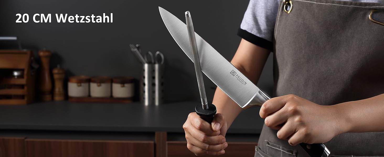 Набір ножів Paudin 7 предметів з дерев'яним блоком: кухонні ножі з нержавіючої сталі та ABS ручками