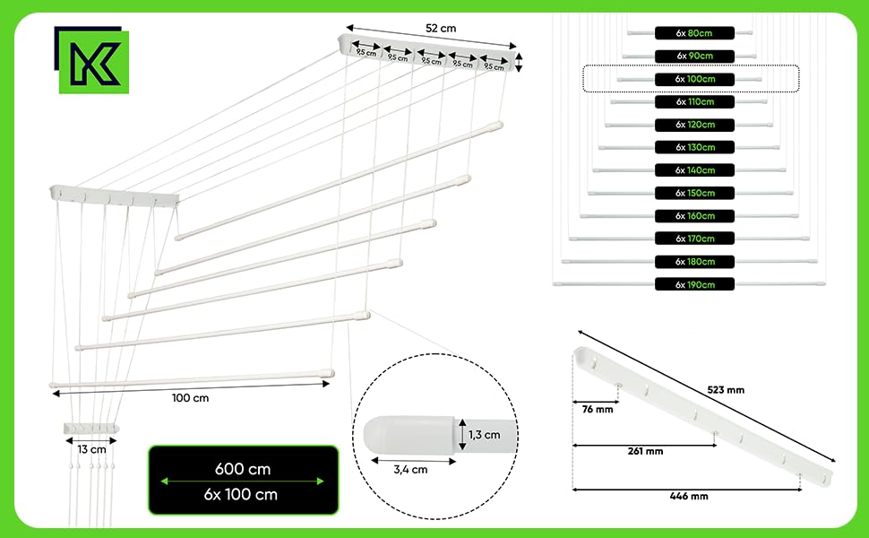 Сушарка для білизни Kadax стельова, сушарка для білизни для стелі 6, настінна сушарка зі сталевими перекладинами, покритими поліетиленом, стельова сушарка вантажопідйомність 12 кг (6x100 / білий)