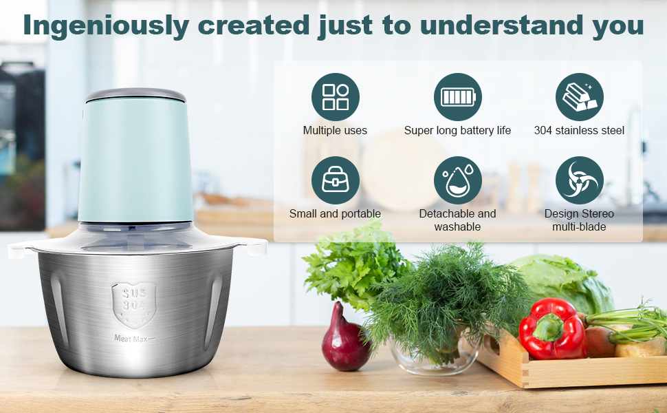 Електричний подрібнювач для кухні з великою ємністю 148W: 2 швидкості, 2л контейнер з нержавіючої сталі, 4 ножі з нержавіючої сталі. Подрібнювач для м'яса, цибулі, фруктів та овочів