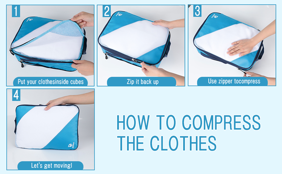 Набір компресійних органайзерів для одягу в подорожі AiQInu, 5 шт. (з мішком для прання та взуття), ультралегкі розширювані пакувальні куби для валізи та ручної поклажі, небесно-блакитний