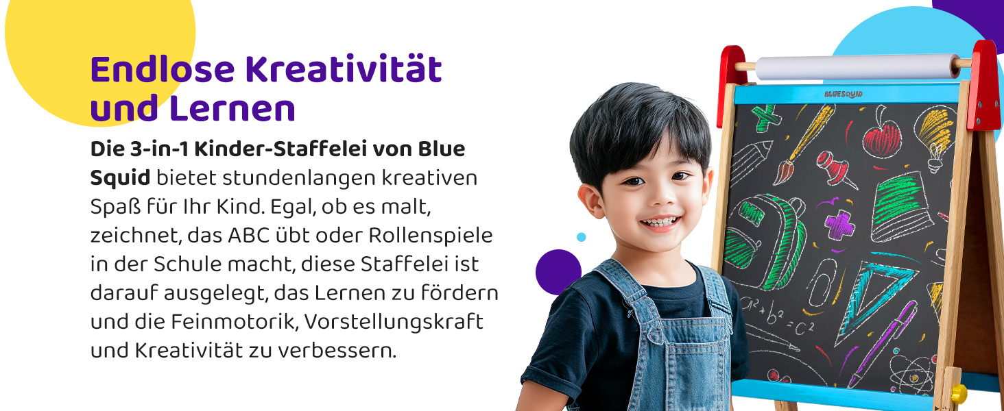 Дитяча мольберт Blue Squid Kinder Staffelei: регульована висота, двосторонній, з крейдяною та магнітною дошкою, рулоном паперу, 100+ аксесуарів, для дітей 3-12 років, преміум-якість 2025