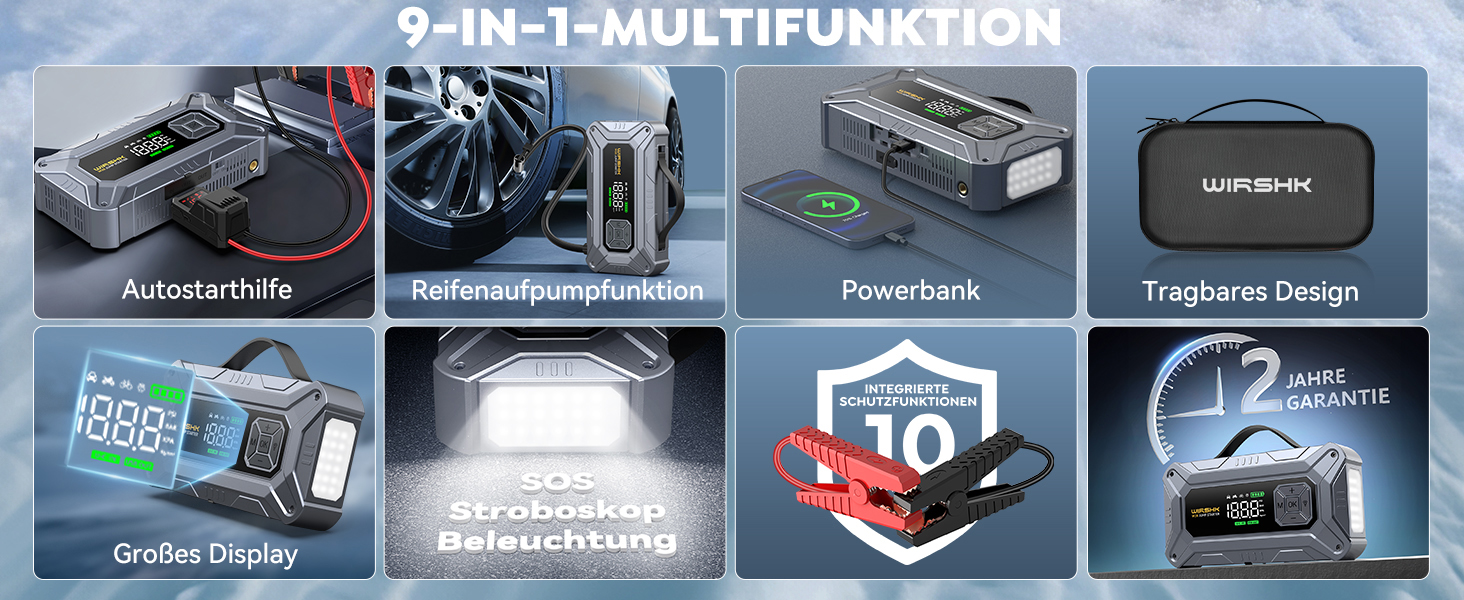 Портативний пусковий пристрій 8000A з повітряним компресором 160 PSI для бензинових та дизельних двигунів (до 10л), з дисплеєм та аварійною світлодіодною лампою