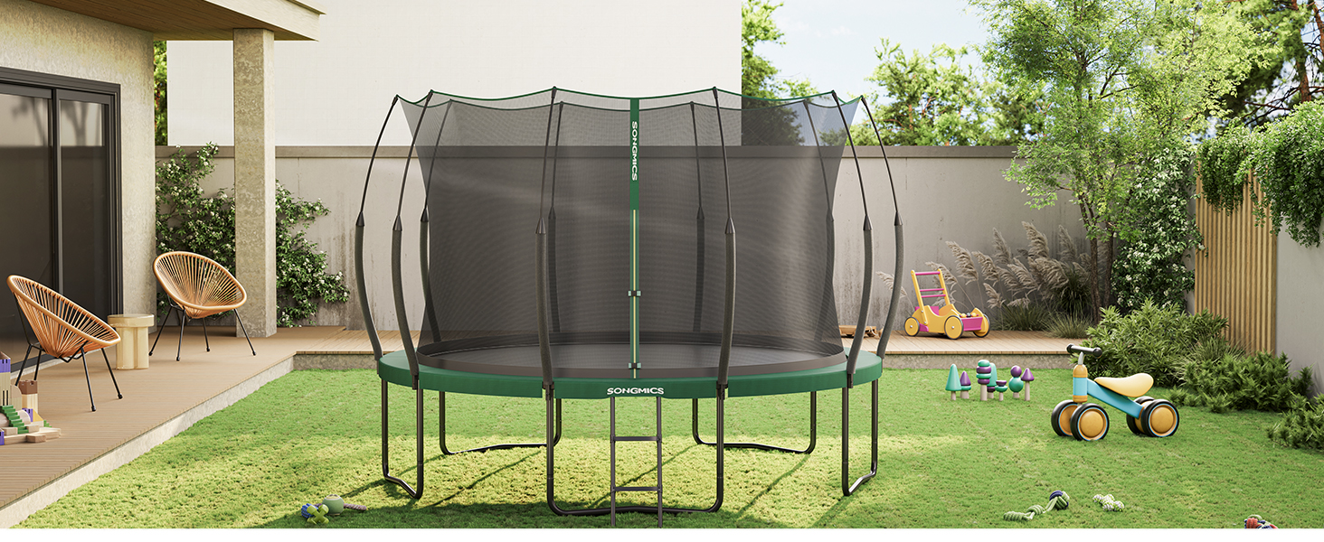 Батут SONGMICS для дітей вуличний Ø366 см, зелений, з захисною сіткою та еластичними тросами, без пружин, тихий