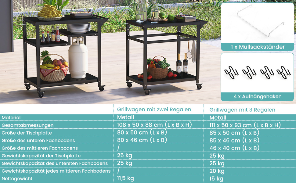 Столик для гриля COSTWAY з 4 полицями та колесами, 85 x 50,5 x 93 см
