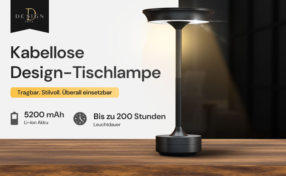 LED настільна лампа Designgold бездротова - стильний дизайн з акумулятором та USB-C - 3 кольори світла та регулювання яскравості - бездротова свобода для використання в приміщенні та на вулиці - акумуляторна, чорна