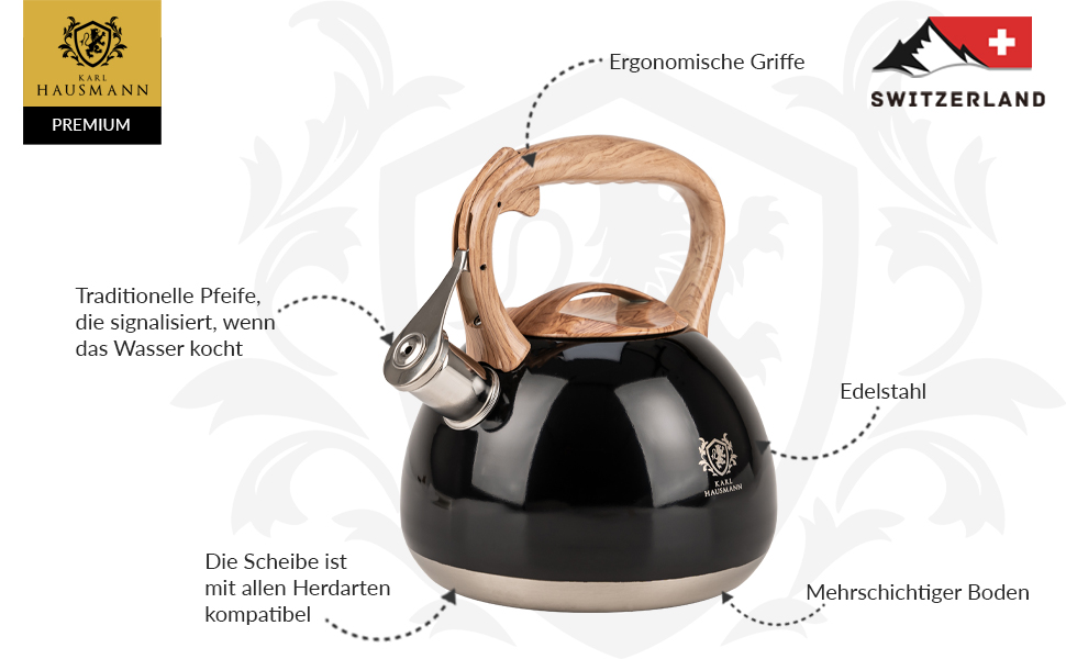 Чайник Karl Hausmann Induktion 3L з автоматичним свистком - нержавіюча сталь, підходить для всіх плит