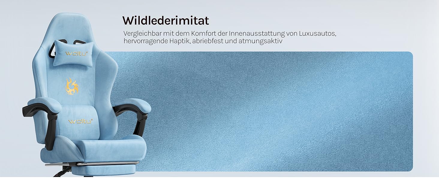 Ігровий крісло WOLTU з регульованою спинкою, обертовий офісний крісло з підлокітниками, підставкою для ніг, поперековою підтримкою, підголівником, блакитний