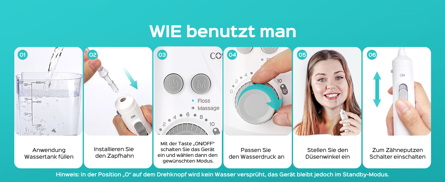 COSLUS Електрична іригатор для порожнини рота з 2 режимами та 12 рівнями тиску – 600 мл резервуар для води. Підходить для сімей, ентузіастів орального здоров'я та пацієнтів з ортодонтичними конструкціями. 5 насадок, чорно-білий колір.