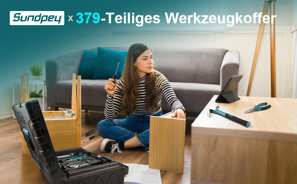 Набір інструментів Sundpey 379 предметів в кейсі з висувним ящиком, універсальний набір для дому та ремонту, синій