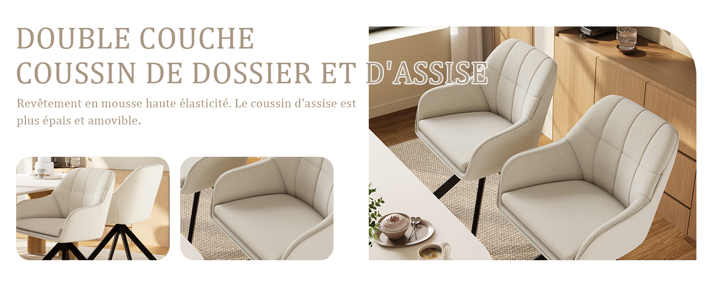 Набір з 2 обертових стільців для їдальні/кухні, бежевий, з підлокітниками, поліестер, металеві ніжки