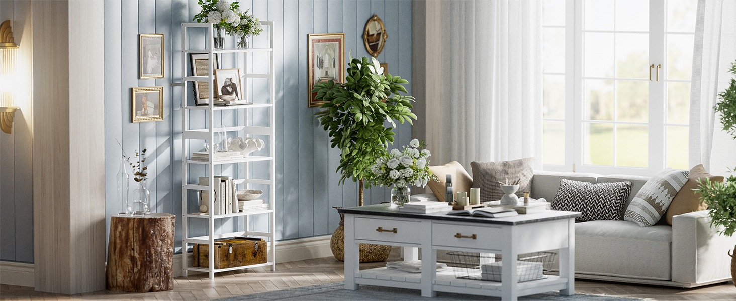 5-ярусна полиця для книг, індустріальна полиця з бамбуковим каркасом, сучасна полиця-вітрина, органайзер для зберігання з дерева для вітальні, домашнього офісу, рустичний колір (білий)