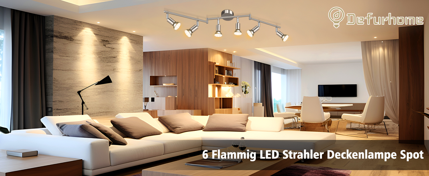 Стельовий LED світильник Defurhome на 6 спотів, поворотна сучасна люстра (матовий нікель) для кухні, вітальні та спальні, включаючи 6 ламп GU10 4W (теплий білий), сріблясто-сірий