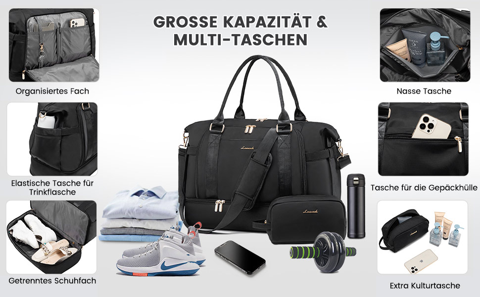 Спортивна сумка LOVEVOOK для подорожей: жіноча дорожня сумка-weekender з культюрною косметичкою, відділенням для взуття та мокрих речей, водонепроникна сумка для ночі, сумки для тренажерного залу, подорожей та аеропорту (37L, чорний)