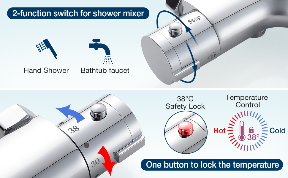 Змішувач для ванни з термостатом, дощова лійка для душу, хром. Змішувач для ванни з термостатом для 2 споживачів