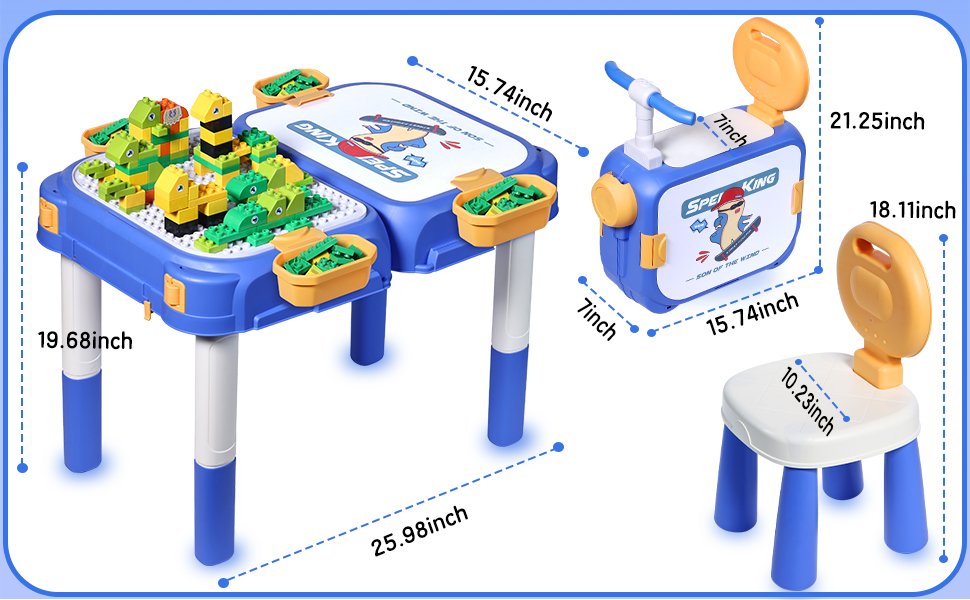 Дитячий стіл Fygurso з кріслом та 90 великих кубиків для конструювання. Трансформується в коробку на колесах. Для дітей від 3 років.