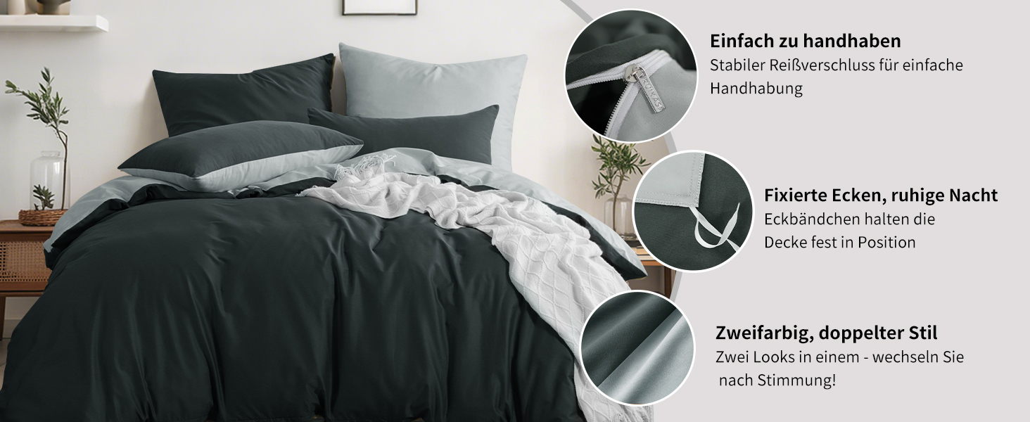 Комплект постільної білизни RUIKASI 135x200 з бавовни (4 частини) - сірий, двоколірний комплект з блискавкою, антрацит та світло-сірий, 135x200 см